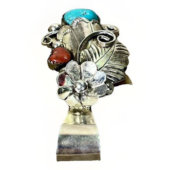 Large Vintage Native Navajo Turquoise Coral Sterling Silver Pendant 2.5” Signed - Picture 9 of 13